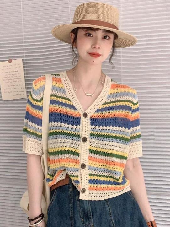Thin Summer 2026 New Short-Sleeve Colorful Striped Hollow-Out Knit Cardigan Top for Women, Slimming Cardigan Thin Summer 2026 New Short-Sleeve Colorful Striped Hollow-Out Knit Cardigan Top for Women, Slimming Cardigan