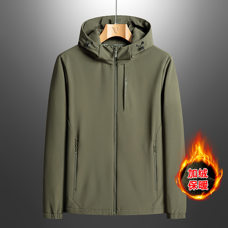 Spring Rush Clothes Outdoor fleece-lined Warm Single Jacket Jacket Middle-aged Hooded Thin Fleece Soft Shell Jacket Soft Elastic Jacket for Men