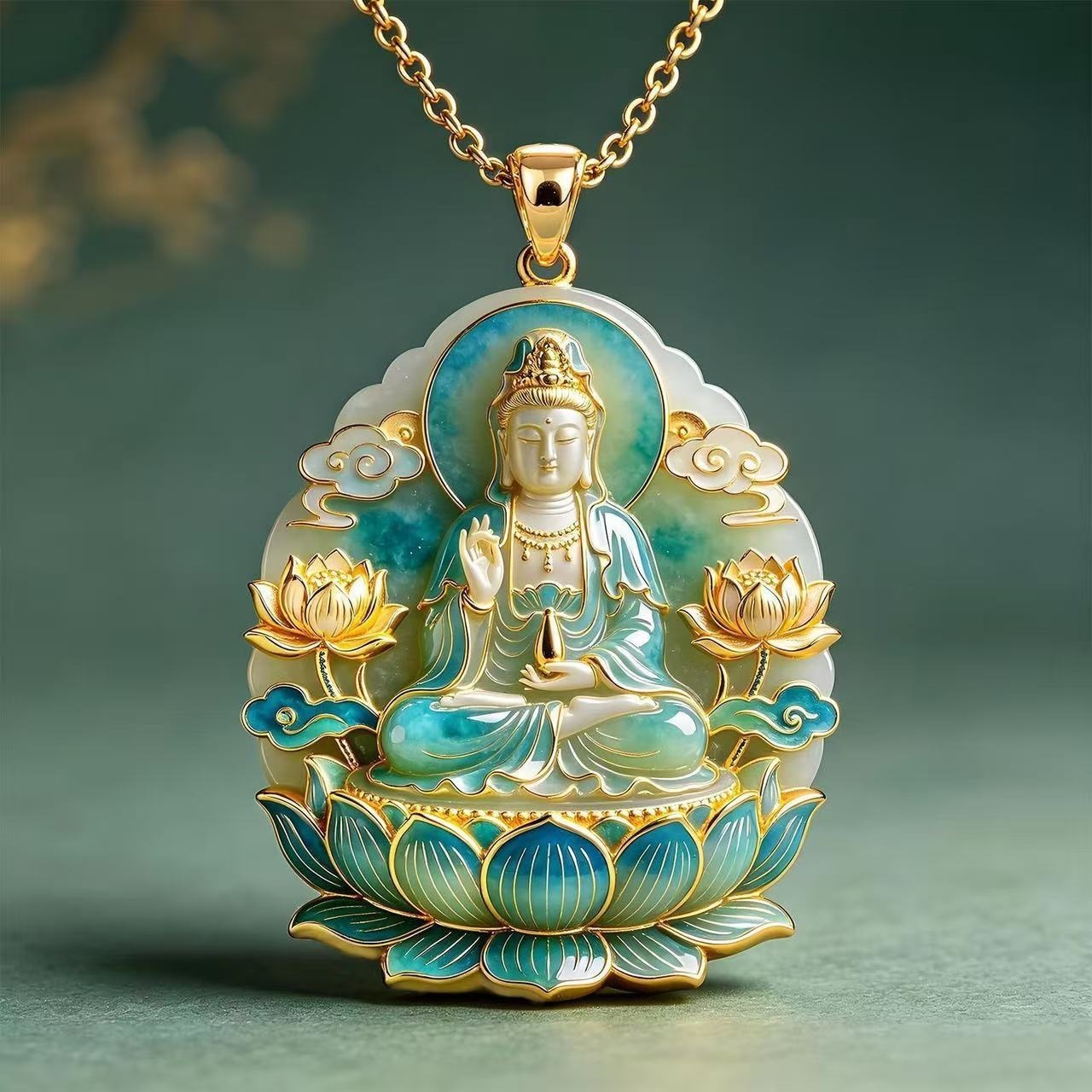 Lotus-seated Guanyin O-shaped necklace, Chinese-style three-dimensional relief Bodhisattva pendant, warm emerald green texture, auspicious protective accessory