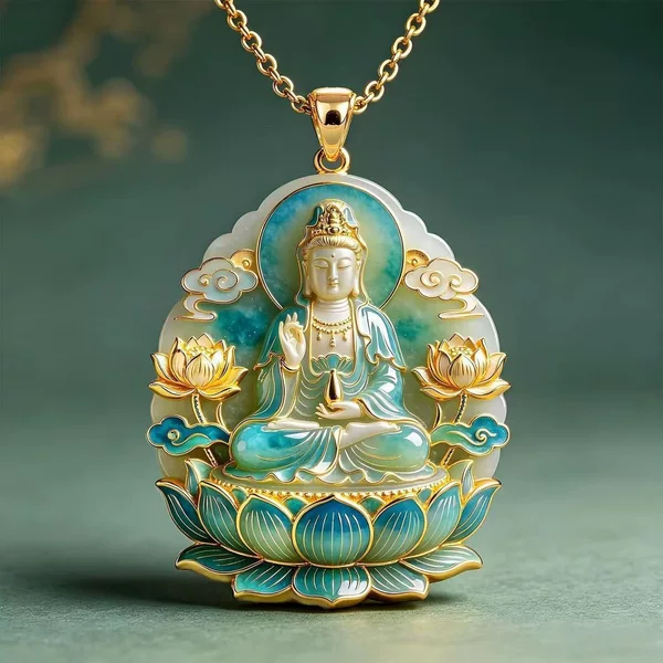 Lotus-seated Guanyin O-shaped necklace, Chinese-style three-dimensional relief Bodhisattva pendant, warm emerald green texture, auspicious protective accessory