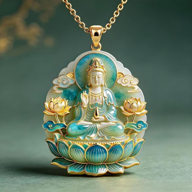 Lotus-seated Guanyin O-shaped necklace, Chinese-style three-dimensional relief Bodhisattva pendant, warm emerald green texture, auspicious protective accessory