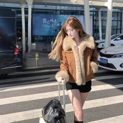 美拉德穿搭棕色毛毛拼接翻领外套女款秋冬季加厚加绒保暖夹克上衣