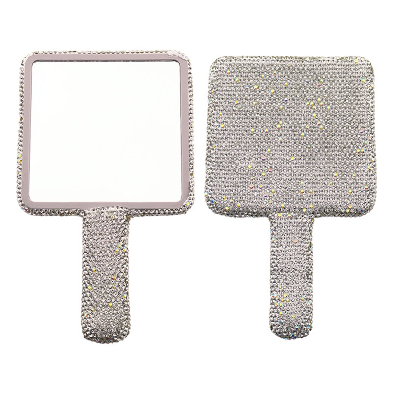 Venta al por mayor HD cristal manija espejo ins creativo diamante-incrustado en forma de corazón redondo espejo cosmético portátil de un solo lado espejo cosmético