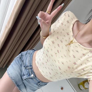 Pure Desire Floral Short-sleeved Bracket Pad T-shirt Women's Summer Sweet and Hot Slim-fit Short Round Neck All-match Casual Top