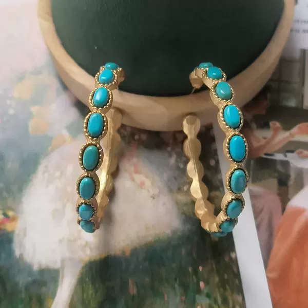 Vintage Imitation Turquoise Retro Large C-Shaped Hoop Earrings, Elegant and Simple Fashion Personality Earrings for Women