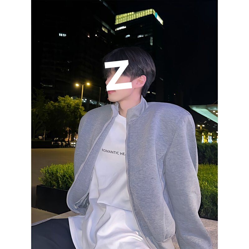秋季休闲垫肩开衫灰色夹克男宽松廊形网红高级感短款立领运动卫衣|undefined
