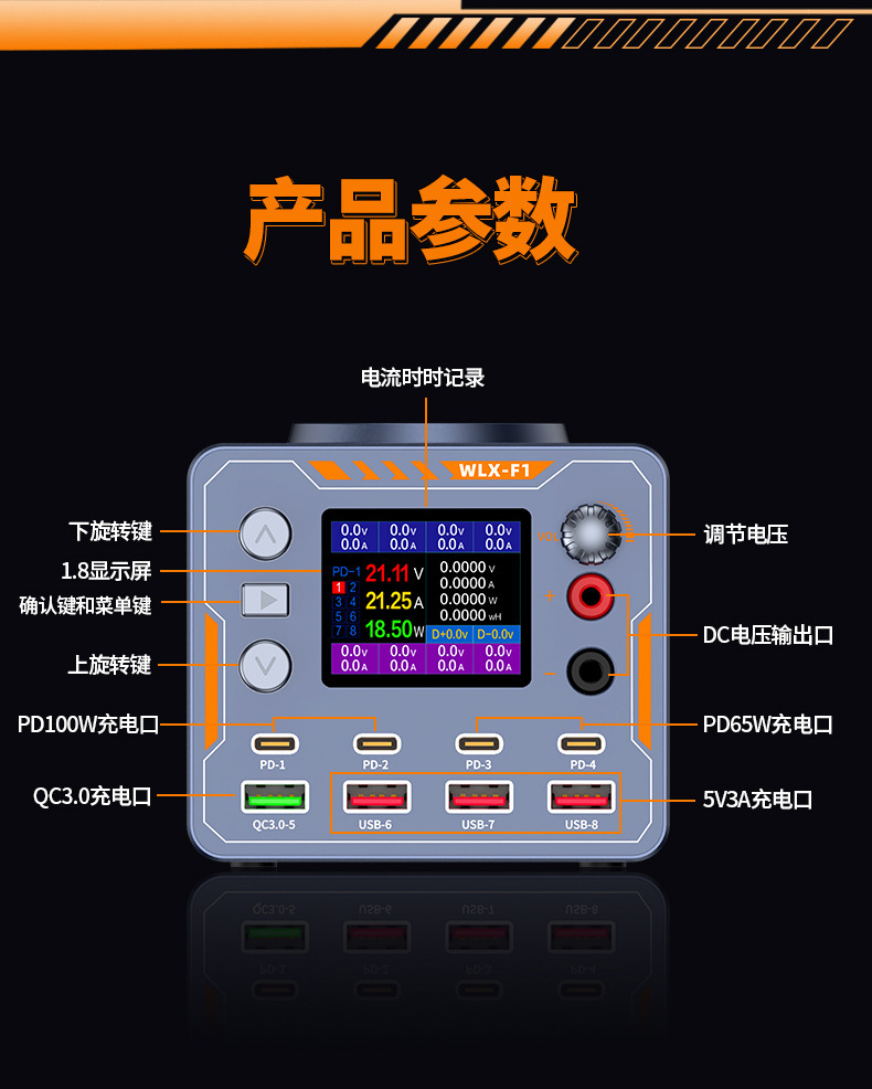 Multi-port USB charger multifunctional mobile phone repair power meter current detector wireless charging digital display nine-in-one
