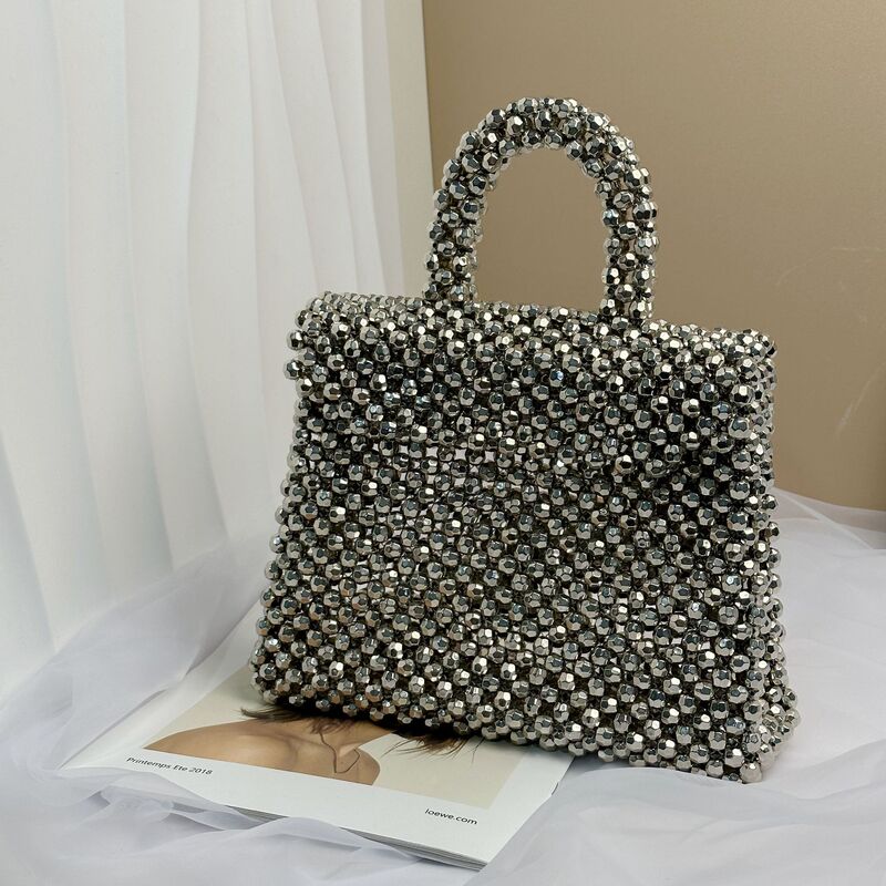 Cross-border New Luxury Imitation Silver Portable Large Capacity Women's Bag Hand-woven Beaded European and American Retro Hand Bag
