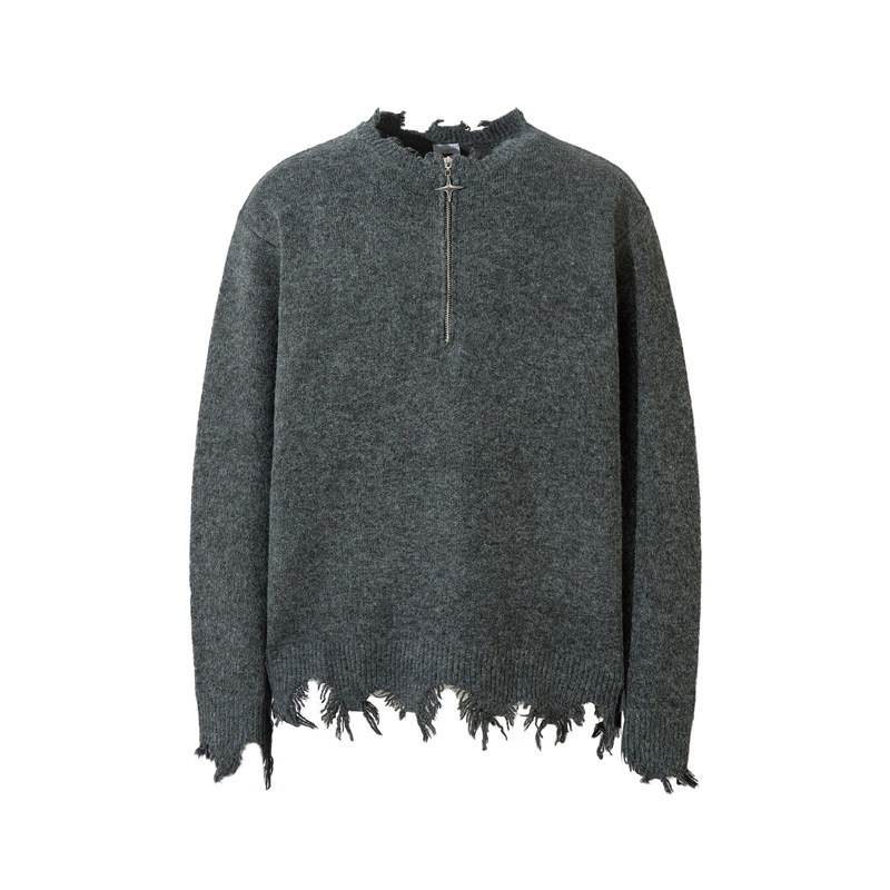 Pull zippé à ourlet endommagé de la rue haute, pull en tricot de niche hip-hop surdimensionné de marque de mode américaine pour hommes_voghion.com