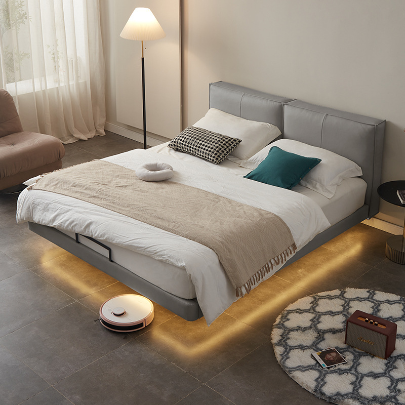 Suspension Bed Genuine Leather Tofu Block Italian Style Minimalist Double Bed 1.8 Light Luxury Modern High-end Queen Bed Master Bedroom Wedding Soft Bed