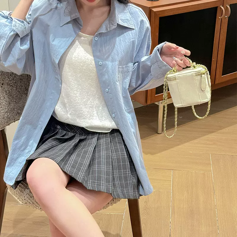 夏季宽松慵懒风砂洗纯棉长袖女夏季衬衫蓝色高级感小众薄外套上衣