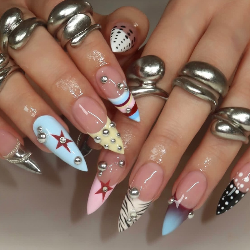 Cross-Border Hot-Selling Long Pointed Y2K Polka Dot Stripe French Edge Star Steel Bead Chain Decorative Fake Nail Stickers