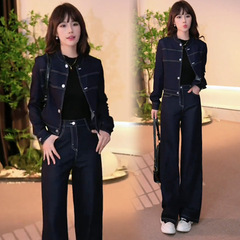 ファッションのデニムのスーツの女性2025春の新型の洋気減齢のデニムのショートコートの高腰のワイドパンツの2つのセット