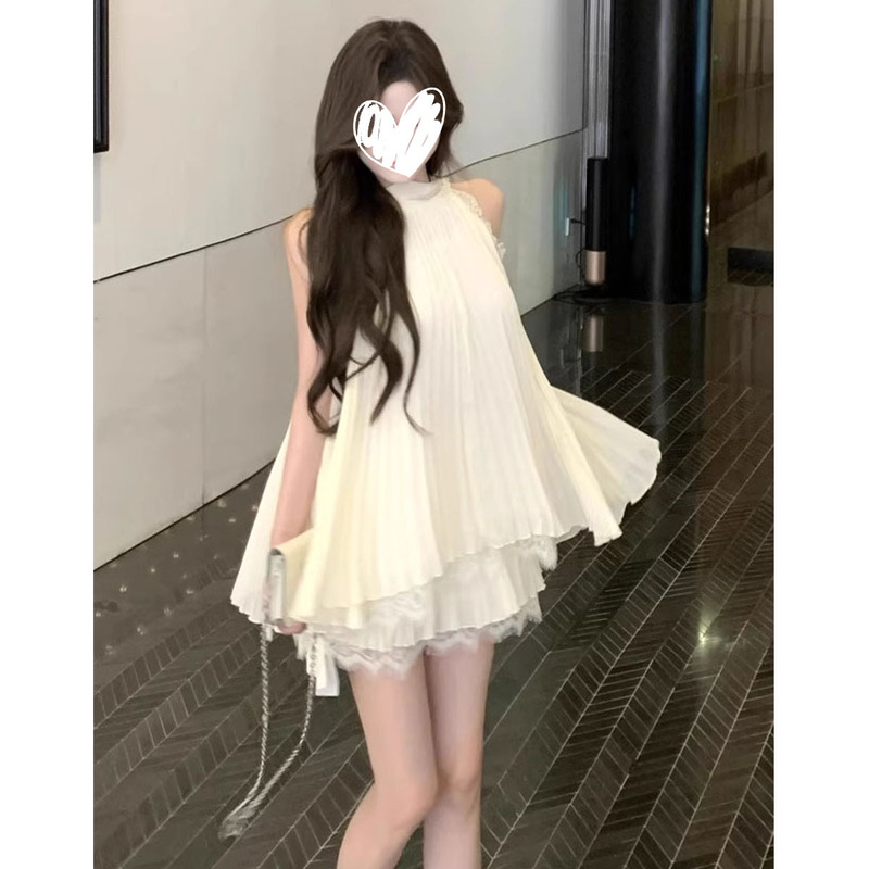 法式纯欲风多巴胺挂脖无袖背心女2025夏新款蕾丝花边半身裙两件套|undefined