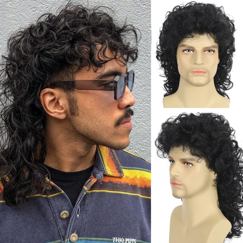European and American New Wig Men's Halloween Disco Punk Shawl Fluffy Black Long Curly Hair Hood Batch