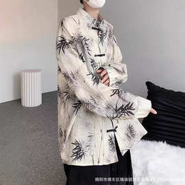 新中式盘扣立领衬衫男长袖夏季冰丝薄款中国风唐装感道袍衬衣