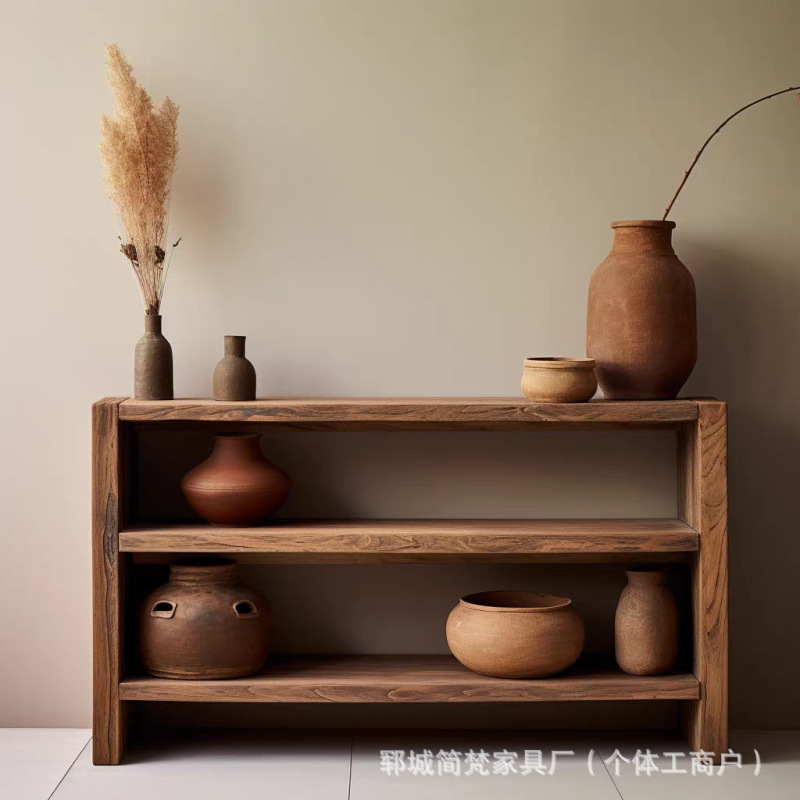 诧寂风博古架实木多层储物柜客厅陶瓷花瓶展示架老榆木茶具餐边柜|undefined