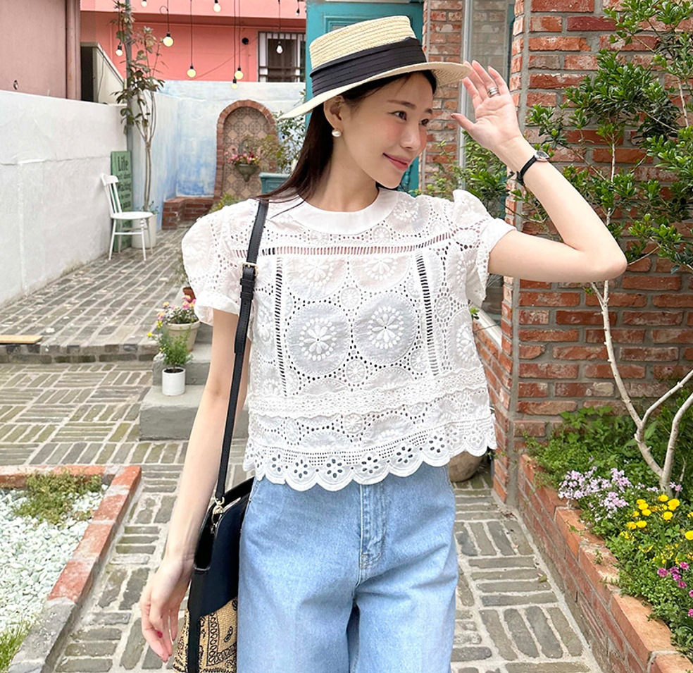 South Korea 2024 Summer new French court style lace crocheted loose puff sleeve shirt women's top