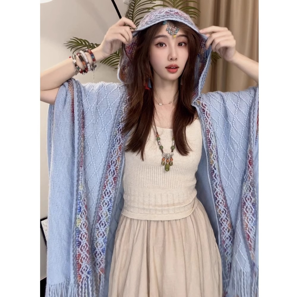 Nuevo chal de mujer, tiras de color, suéter de punto, foto de viaje, capa étnica de todo fósforo, capa de todo fósforo, viaje