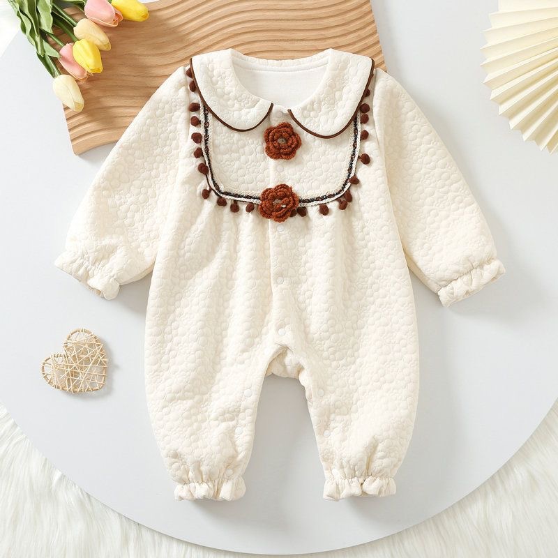 Mono de salida de primavera y otoño para bebés Estilo occidental de algodón puro de manga larga de doble capa de mameluco bebé niña de moda de un mes de edad cien días ropa image 7