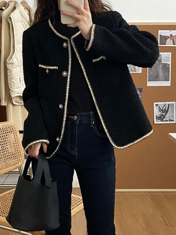 2025年加棉加厚女冬宽松韩版编织粗花呢休闲显瘦短款外套上衣潮|undefined