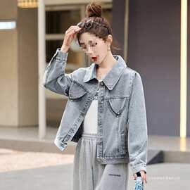 欧洲站2025早春新款欧货复古休闲牛仔外套女春秋Polo领短款夹克潮