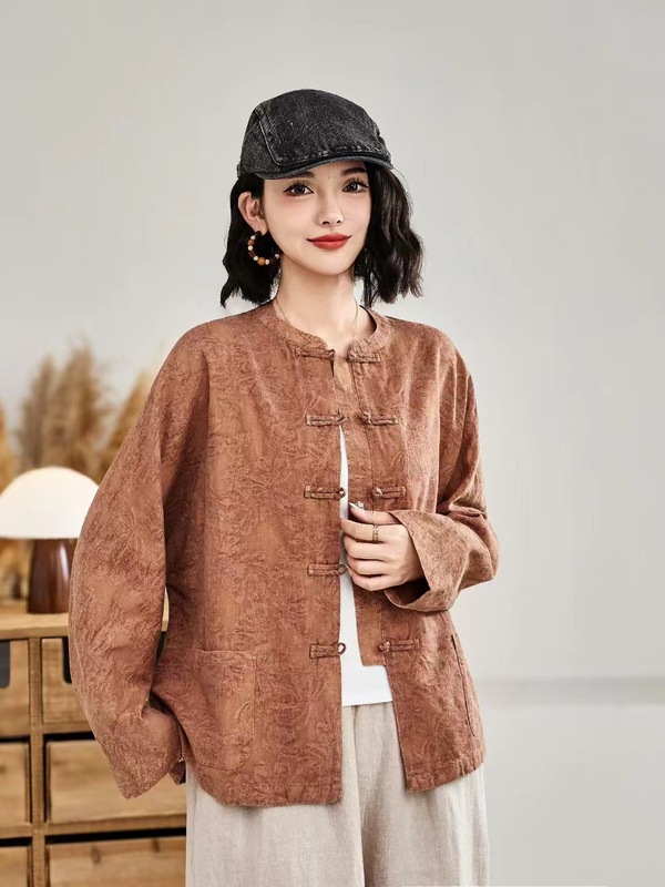 古咖服饰复古亚麻提花中式盘扣外套女式立领长袖宽松外搭开衫上衣|undefined