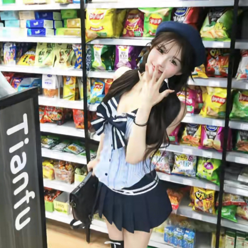 东京转校生 夏季新款甜美学院风蝴蝶结收腰无袖衬衫气质半裙套装|undefined