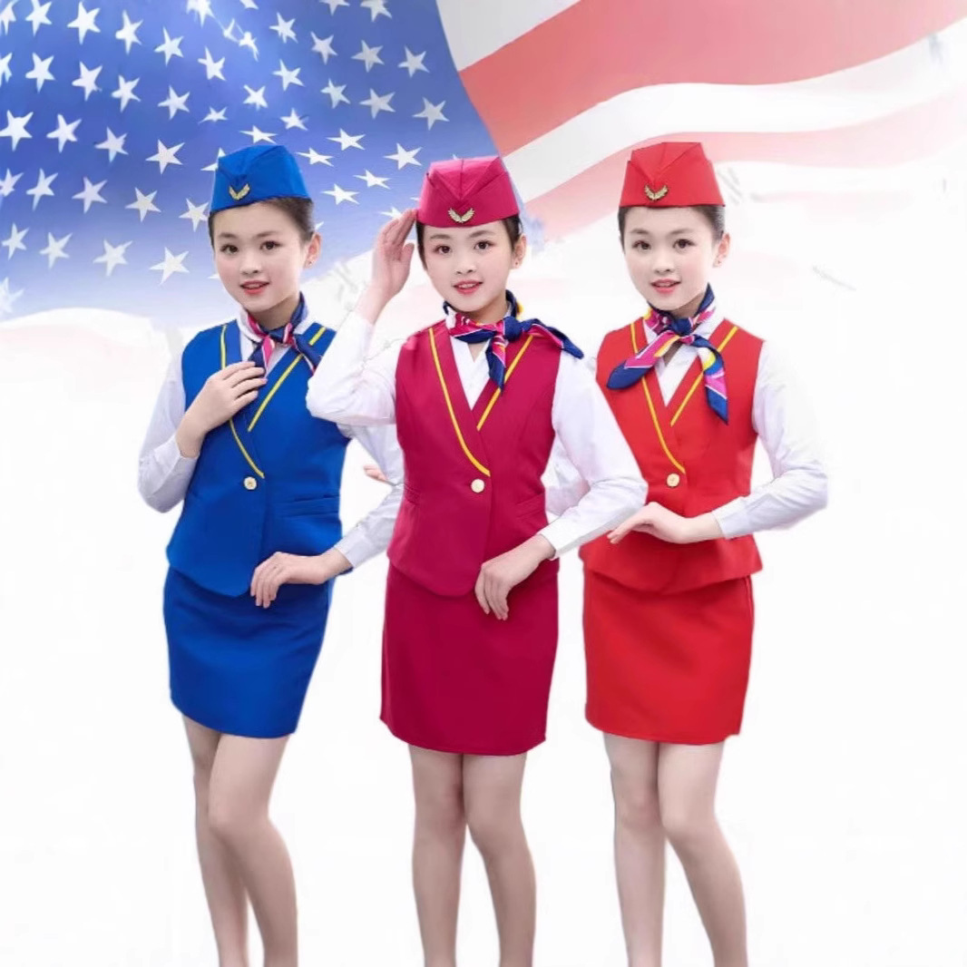 Children's Chinese Captain and Stewardess Uniforms, Primary School Students' Vests, Stewardesses, Pilots, Catwalk Performances, Professional Costumes