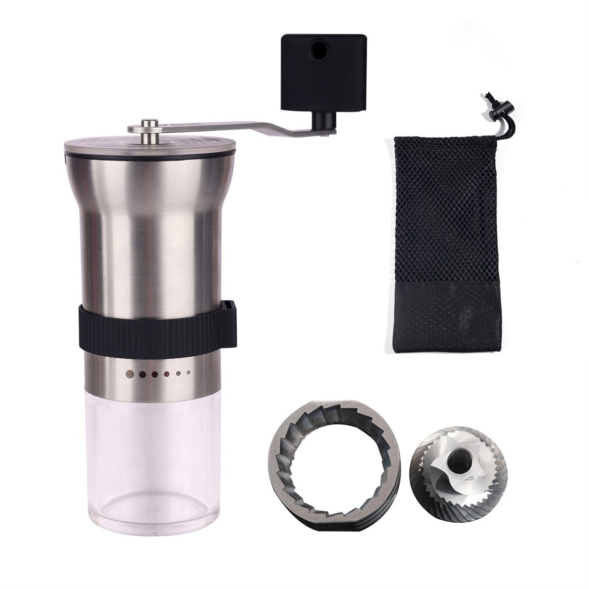 SW-118A Molinillo de Café Manual de Acero Inoxidable con Ajuste Externo de 6 Velocidades y Núcleo de Molienda de Acero Inoxidable + Bolsa de Almacenamiento
