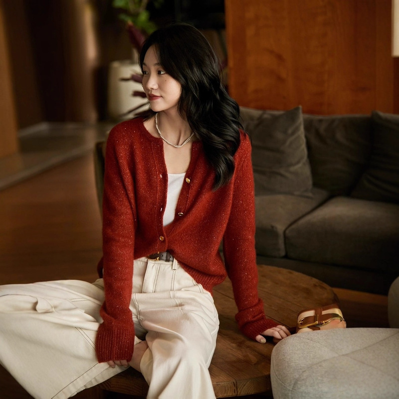 Autumn and Winter New Silk Gold Bean Gauze Full Wool Knitted Jacket Casual Simple Versatile Cardigan