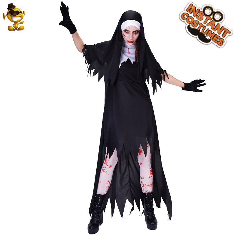 De Halloween de las mujeres adultas sangrienta monja vestido traje partido Cosplay zombi monje traje