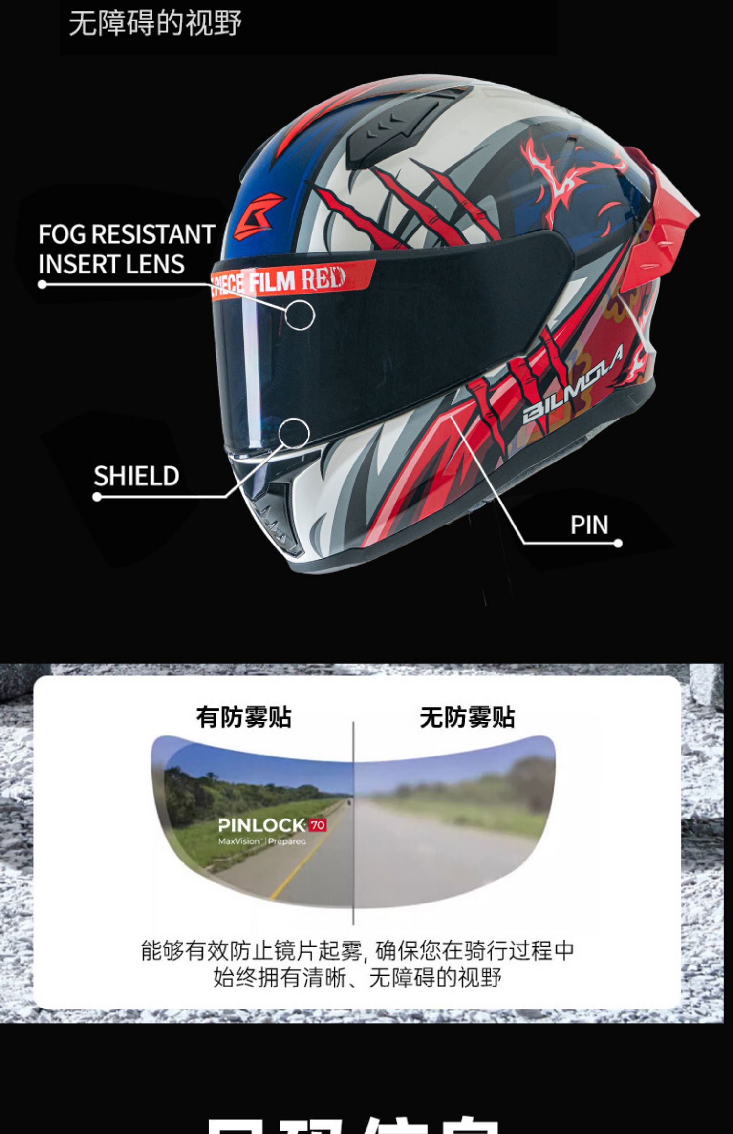 BILMOLA Helmet One Piece Motorcycle Full Helmet Anti-Fog
