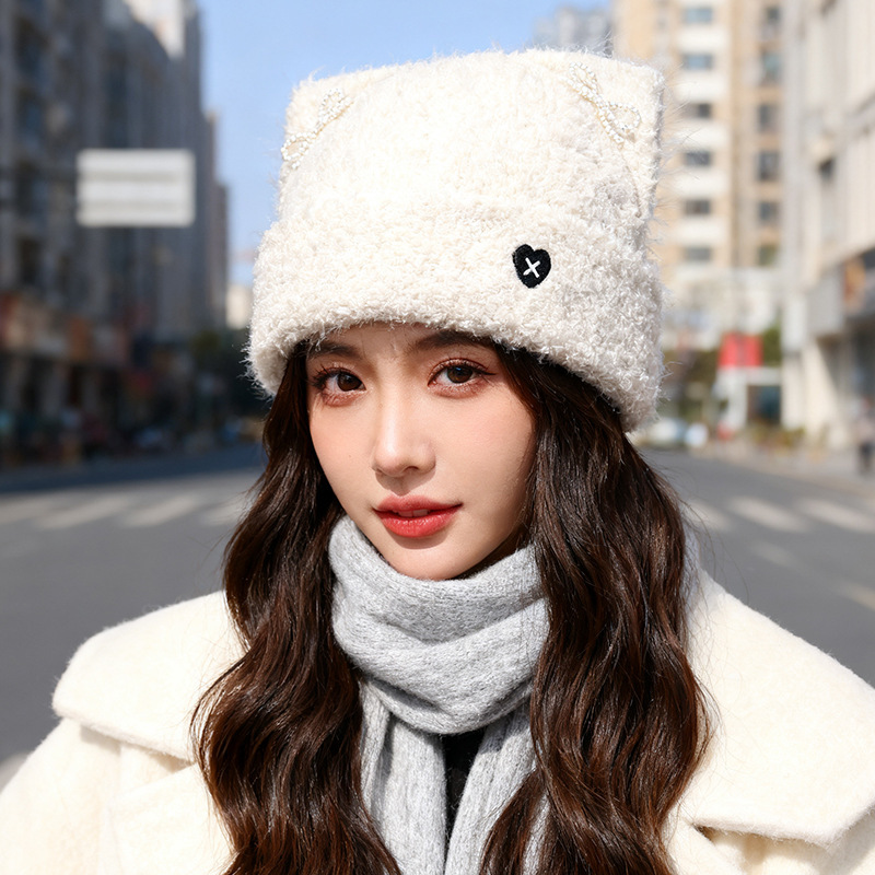 秋冬新款猫耳朵帽子女户外保暖大头围显脸小针织帽蝴蝶结套头帽潮|undefined