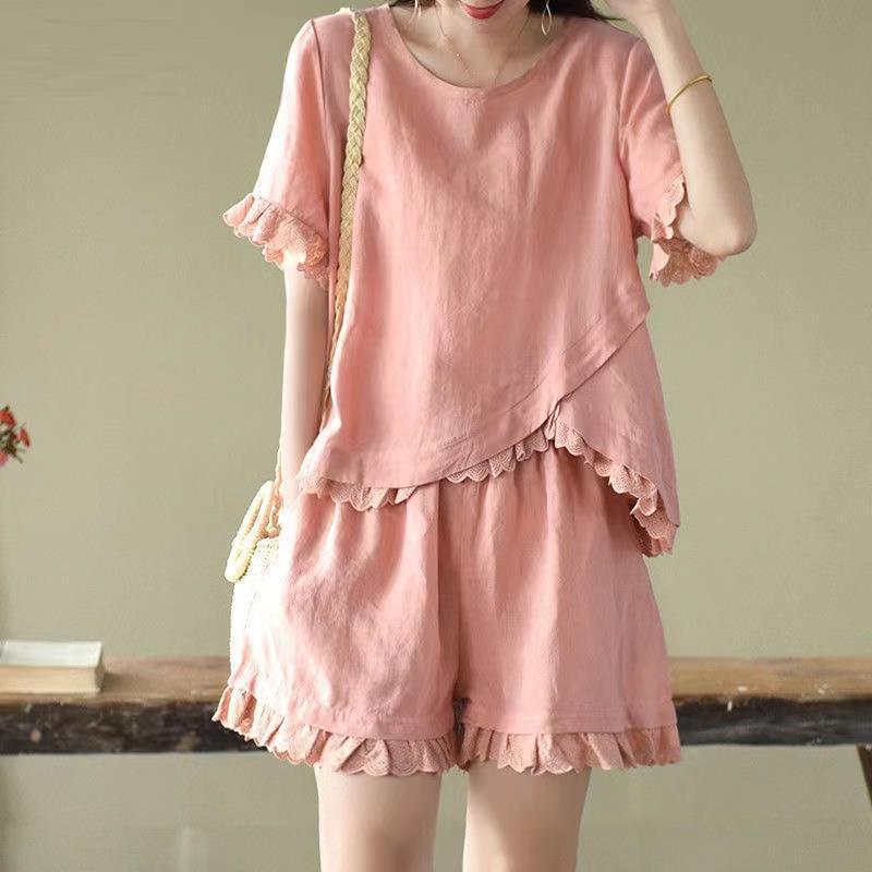 Pure Cotton Suit 2024 Summer Asymmetrical Cotton and Linen Loose Top Large Size Casual Wide Leg Shorts Literary Two-Piece Set
