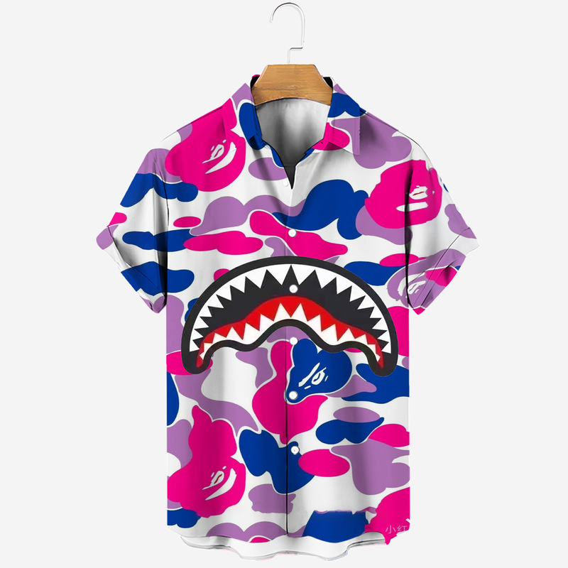 Cross-Border European and American Bape Shark Head Ape Head Men's and Women's 3D Digital Printing Casual Short-Sleeved Shirt Camouflage Loose Cross-Border European and American Bape Shark Head Ape Head Men's and Women's 3D Digital Printing Casual Short-Sleeved Shirt Camouflage Loose
