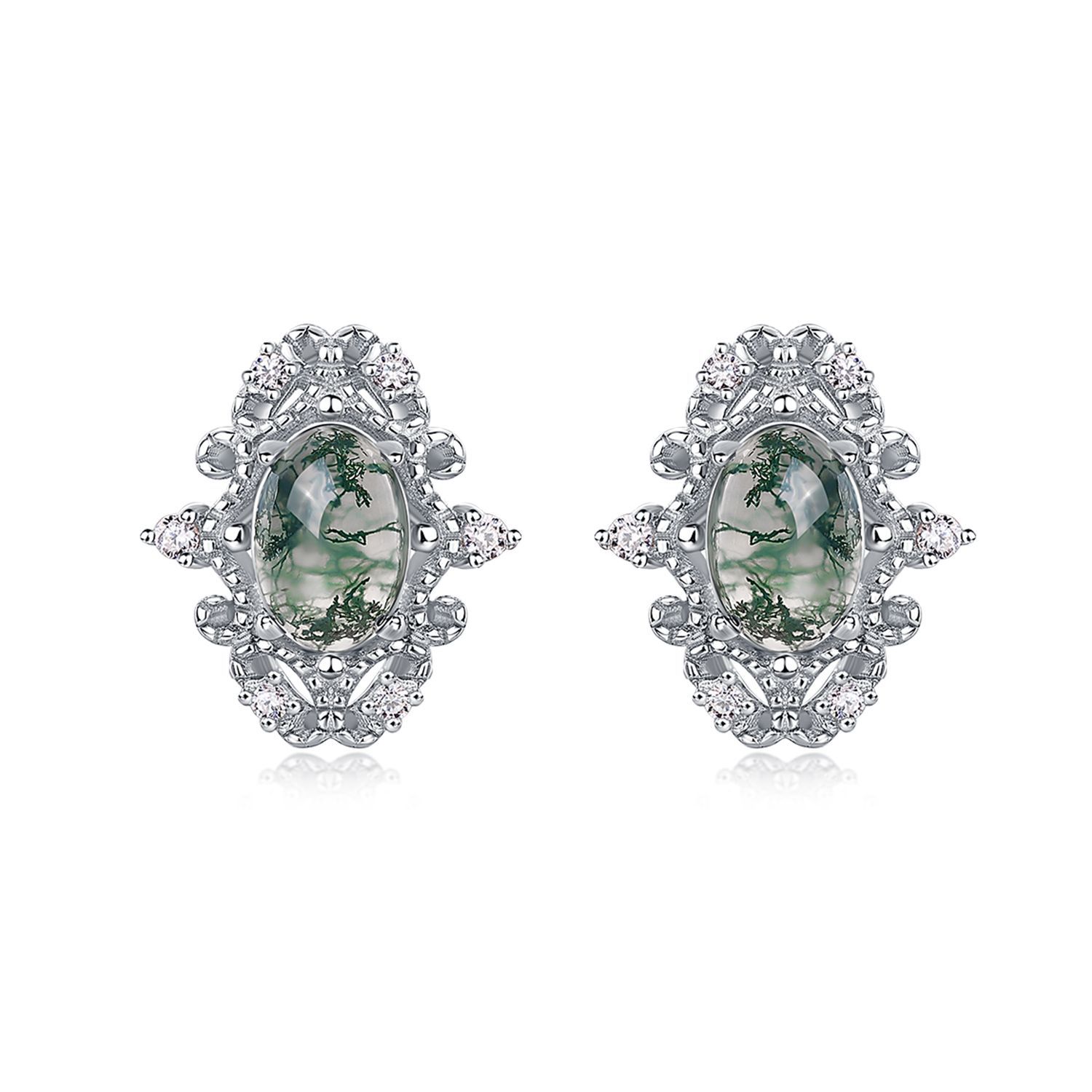 Exclusiva transfronteriza para exquisitos pendientes de piedra de musgo verde natural S925 Pendientes personalizados de ágata con incrustaciones de plata, lujo ligero europeo y americano