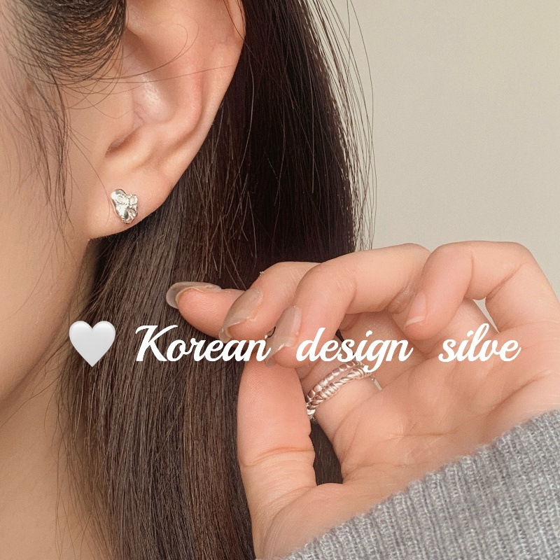 日系韓版小眾ins風設計飾品 S925純銀不規則愛心蝴蝶結耳釘百搭款