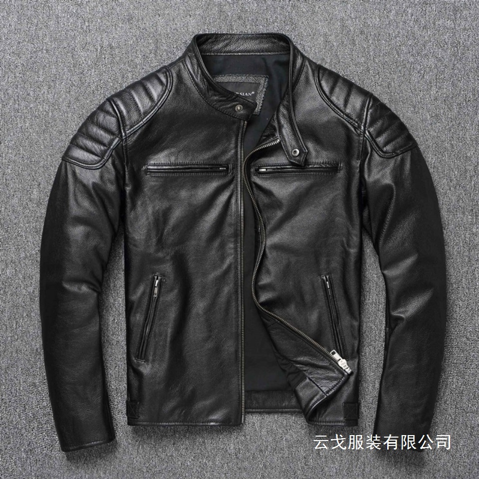 新款捡漏 重磅头层牛皮 皮衣男机车服立领青年春秋皮夹克