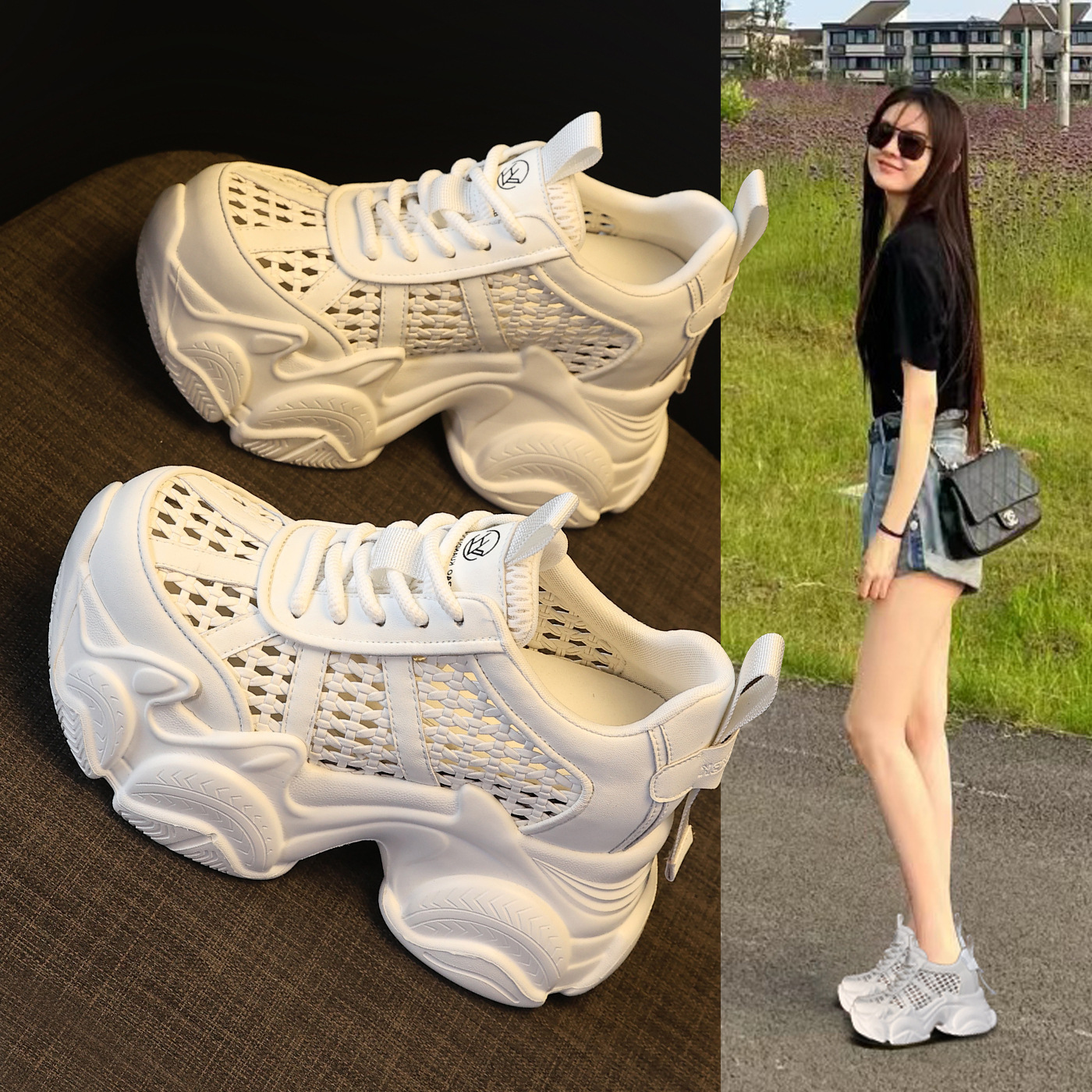 Giày sneaker nữ chunky đế dày thoáng khí tăng chiều cao — màu trắng