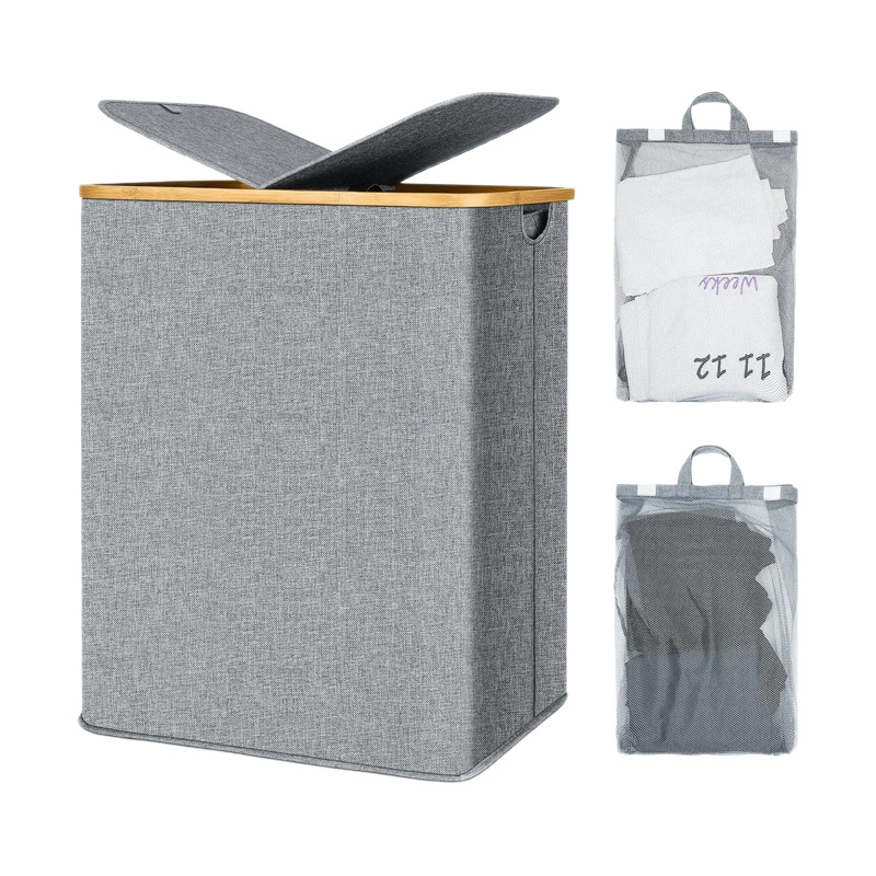 Artefact de almacenamiento para el hogar Tela de bambú de doble apertura Cesta de ropa sucia Cesta de almacenamiento simple y de gran capacidad Cesta de ropa sucia de doble compartimento