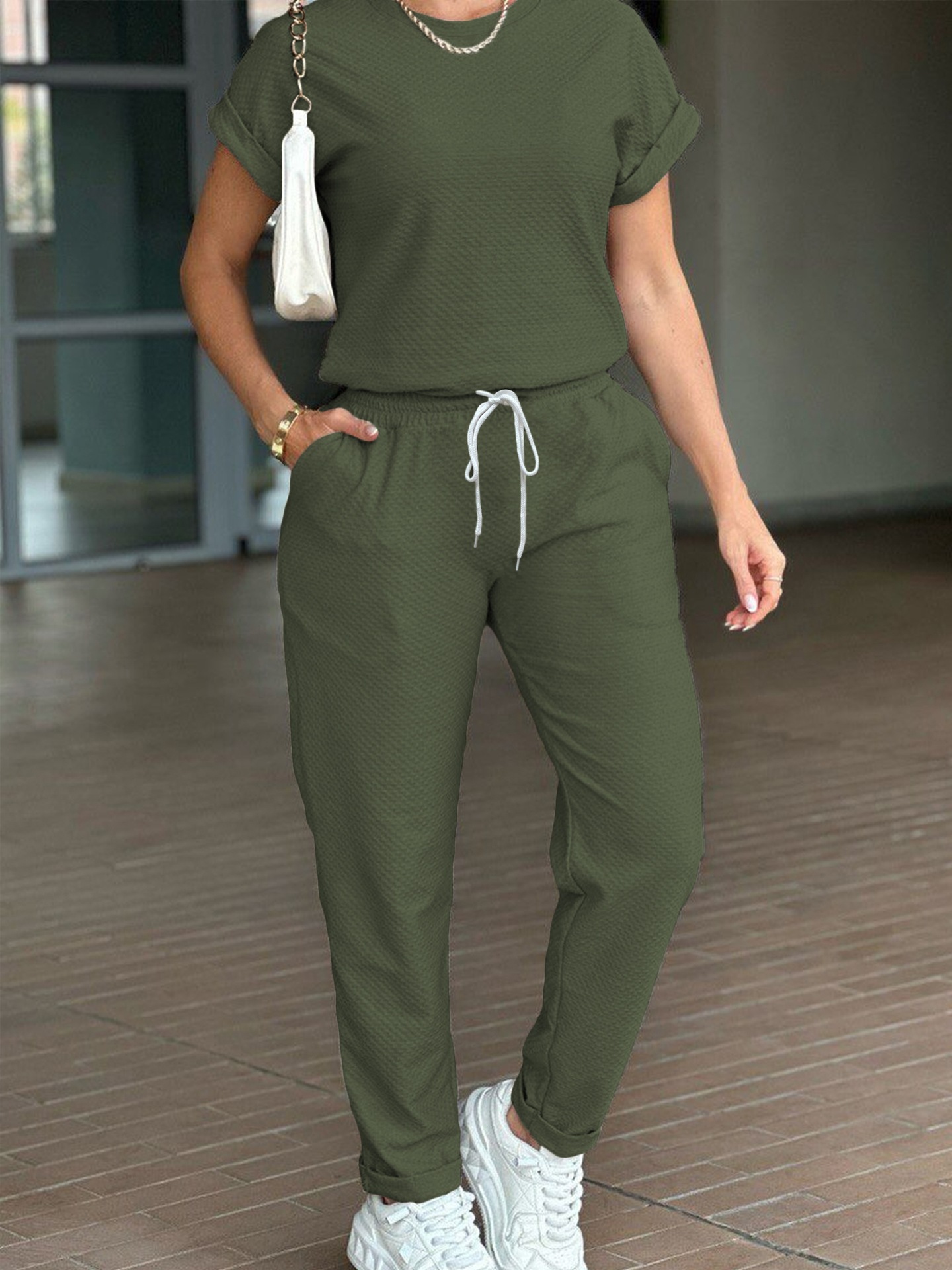 Spring Summer Women's Solid Color Sports Suit Casual Comfortable Style High Waisted Drawstring Top Versatile Short Sleeve_ecoleips.com