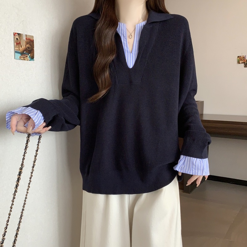 大码胖mm条纹撞色拼接假两件针织衫女秋季新款正肩显瘦长袖上衣|undefined