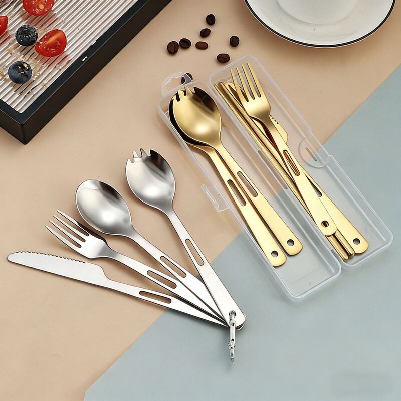 304 stainless steel portable cutlery set with fork, spoon, and chopsticks for outdoor camping, hollow three-hole knife, fork, and spoon storage box