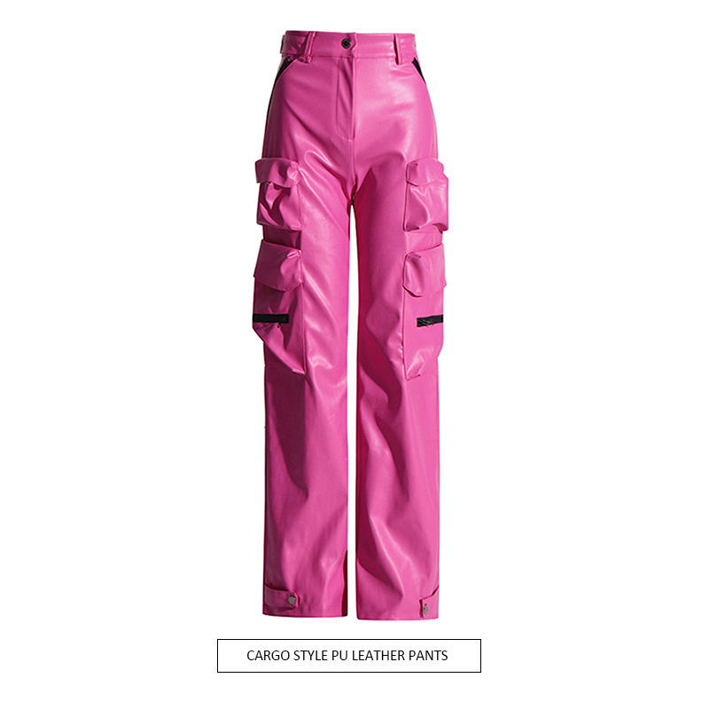Workwear Style High-Waisted Long Pants 2026 Spring New Fashion Patchwork Pu Leather Multi-Pocket Long Zipper Workwear Leather Pants