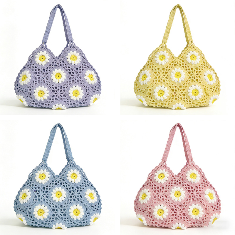 A068 New Daisy Crochet Bag Handbag Woven Bag Hand-Crocheted Multi-Color Pastoral Style Bag Woven Bag