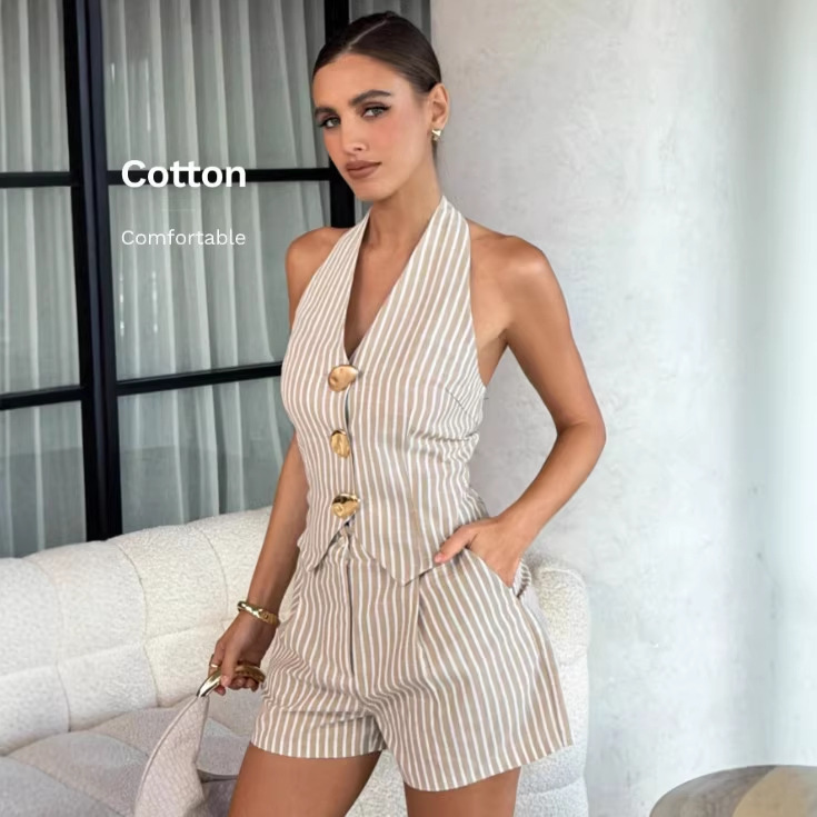 European and American Foreign Trade 2026 Amazon V-Neck Metal Buckle Halter Neck Backless Sleeveless Vest Shorts Set Summer Outfit