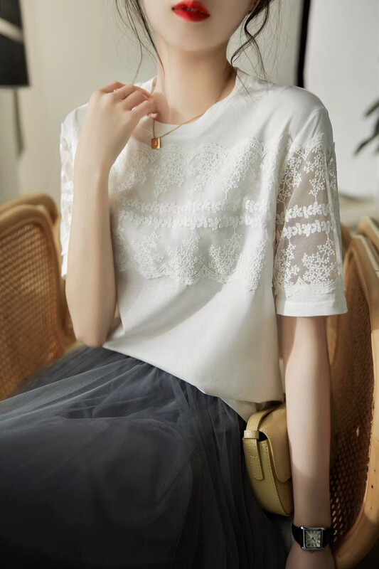 Raise Your Hands and Feet Are Insufficient and Comfortable Pure Cotton Lace Splicing Round Neck Short-Sleeved T-Shirt for Women Summer Mlxy20935