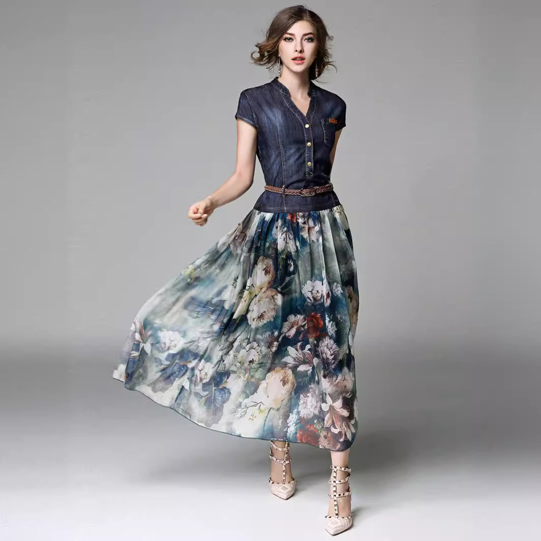 Nuevo Vestido de Verano 2026, Estilo Europeo y Americano, Vestido de Mezclilla con Estampado, Cuello en V, Corte Entallado, Largo Medio, para Mujer