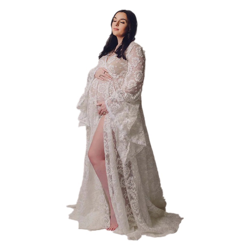 2026 Bohemian Style Maternity Lace V-Neck High-Waisted Dress, Maternity Photography Floor-Length Gown